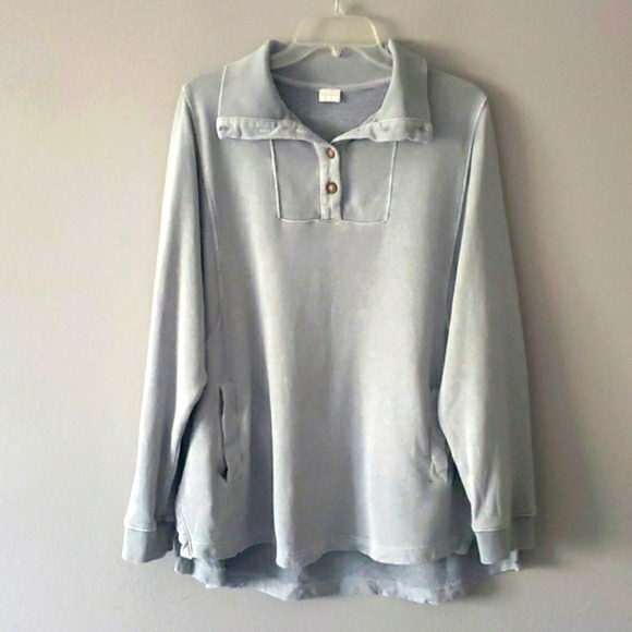 Poetry Sweaters - Poetry 1/4 Button Collared Pullover Sweatshirt Pockets Hemp Washed Sage L/XL